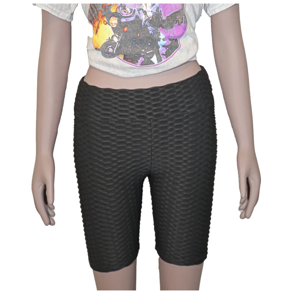 Black Textured Biker Shorts Small High Waisted Activewear - Picture 2 of 3